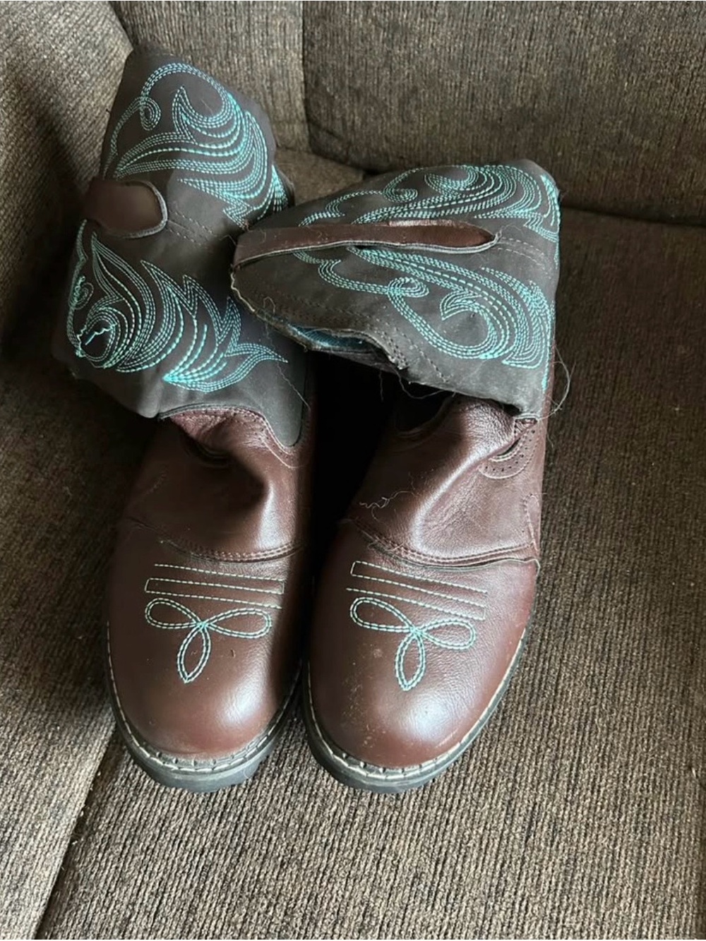 Brown Leather Western Boots with Turquoise Stitching
